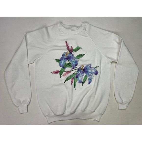 VINTAGE Lillies Flower Crewneck Sweatshirt Women SMALL White USA 80s 90s - Picture 1 of 8